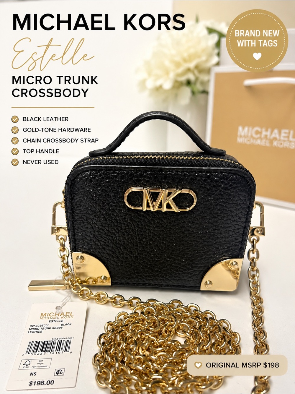 Michael Kors Estelle Micro Trunk Crossbody Black Leather Gold Chain NWT
